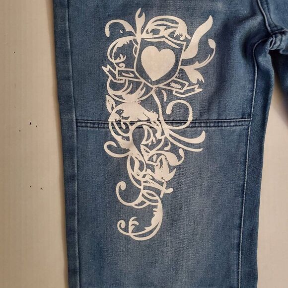 Washed Heart Pattern Cargo Jeans, Slash Pocket Whiskering Low Rise Loose L(8/10) - Picture 3 of 6